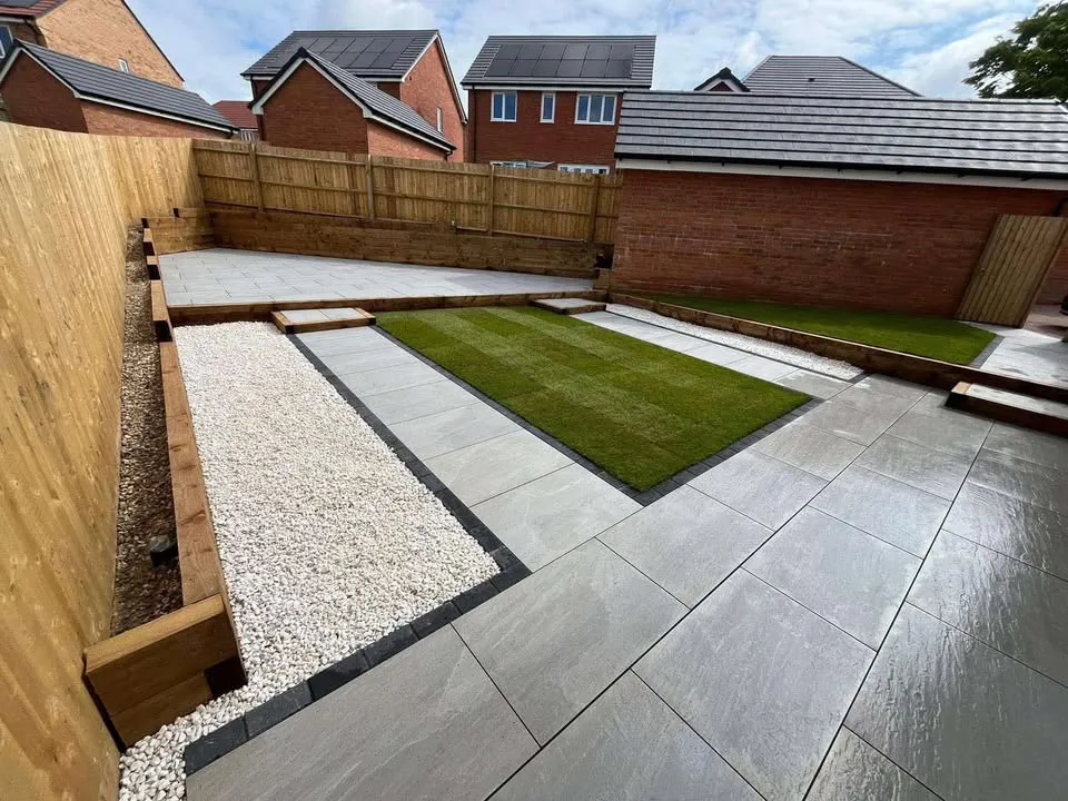 Beautiful lush green garden with flowers