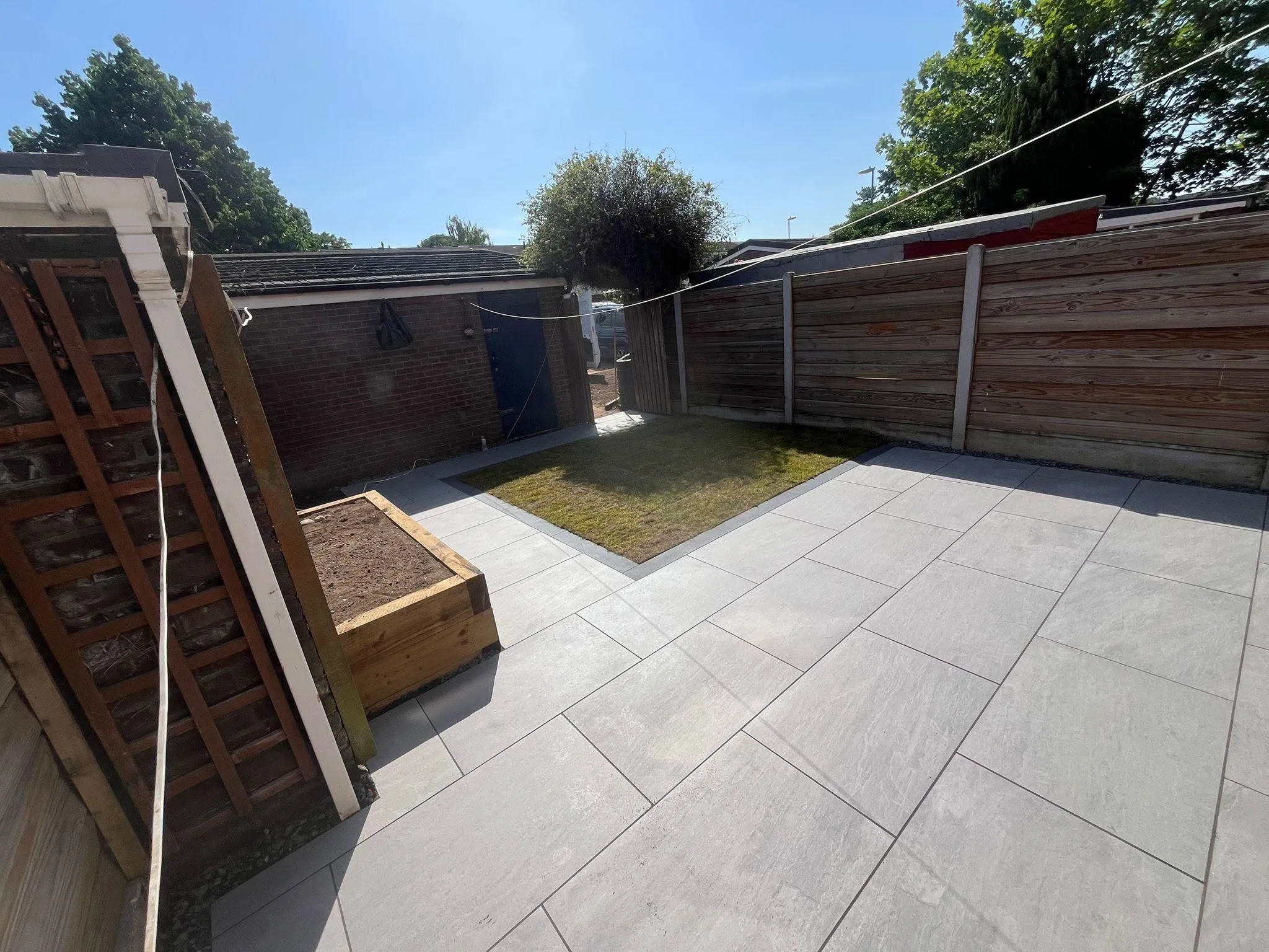 Modern patio with raised garden planters